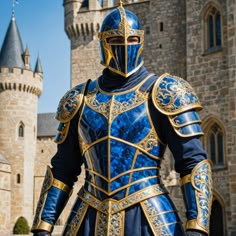 a man dressed in blue and gold armor standing next to a castle