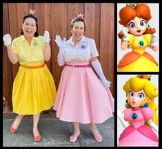 two women dressed up as princess peaches and snow white from mario kartman