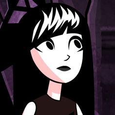 a cartoon girl with long black hair standing in front of a purple background