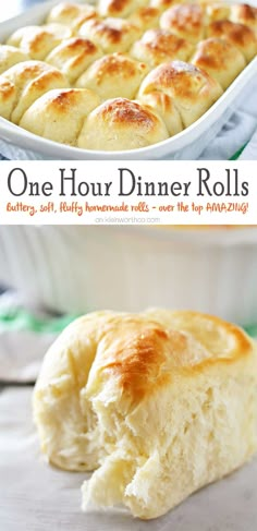 one hour dinner rolls in a casserole dish and the other is half eaten