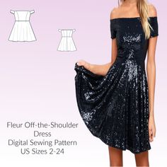 a woman in a dress with sequins on it and the text, fleur off - the - shoulder dress digital sewing pattern us sizes 2 - 2 - 24