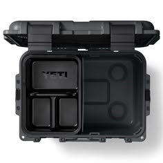 an open black plastic box with compartments on the inside and two separate compartments in the middle