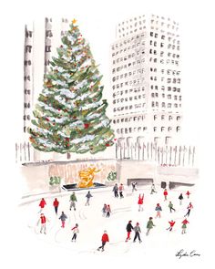 a painting of people skating in front of a christmas tree