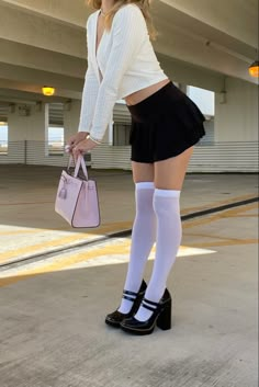 Y2k Stocking Outfits, White Knee Socks Outfit, White Knee High Socks Outfit, Skirt With Thigh High Socks, Jeans Skirt Outfit Winter, Heels With Socks Outfit, Platform Mary Janes Outfit, Thigh High Socks Outfit, White Knee High Socks