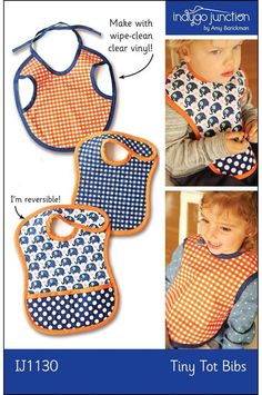 three bibs with blue and orange designs on them