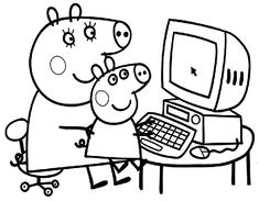 peppa pig and piggy on the computer coloring page