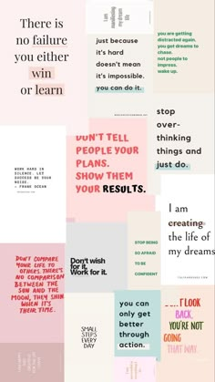 some type of poster with different types of words on it, including one that says don't tell people your plans show them your results