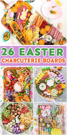 an assortment of different types of food on display with the words 26 easter charcuteries boards