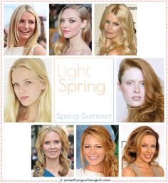 Light Spring, Spring-Summer seasonal color celebrities by 30somethingurbangirl.com Colors For Spring Skin Tone, Light Summer Hair Color, Light Summer Hair, Spring Skin Tone, Spring Hair Color Blonde, Hair Color Palette, Light Spring Color Palette, Spring Colour Palette, Spring Skin