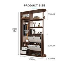 an image of a wooden shelf with drawers and shelves on it, measurements for each shelf