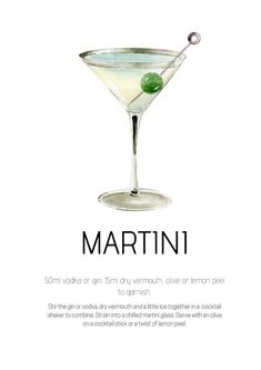 a martini with olives in it and the words martini written on the front side