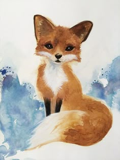 a watercolor painting of a fox sitting on top of a wooden table