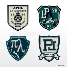 four different college crests with the letters and numbers on each one, all in green