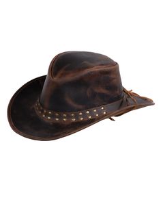 Made from top-grain leather and accented with a double studded band this hat is packed with attitude! Rugged Brown Leather Hat, Rugged Leather Hat With Flat Brim, Rugged Distressed Brown Leather Hat, Distressed Brown Leather Brimmed Hat, Rugged Leather Hat Bands, Rugged Leather Hats For Western-themed Events, Rustic Leather Hat Bands For Outdoor, Leather Hats For Country Events In Distressed Brown, Distressed Brown Leather Hats For Country Events