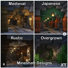 four different types of minecraft buildings with text