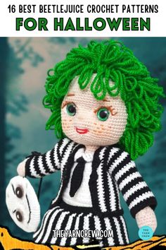 a crocheted doll with green hair and black and white striped dress holding a pumpkin