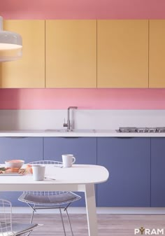 a white table sitting in front of a kitchen counter top next to a stove top oven