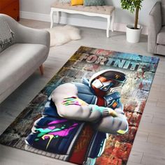 a living room area rug with an image of a man on a motorcycle wearing a helmet