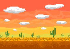 pixel art desert landscape with cactus and clouds in the sky, on an orange background