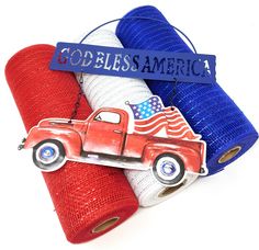 two rolls of red, white and blue twine with an american flag on them