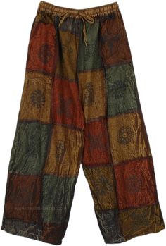 Deep-colored, casual, and stylish, these boho hippie pants with side pockets are perfect for your next adventure day out! The patchwork style has a harmonious combination of dark shades of browns and greens. The elastic drawstring waist ensures comfort, and the loose pants have assorted hippie-style symbols which look unique. #tlb #SplitSkirtsPants #Patchwork #JuniorPetite #bohemianfashion #Handmade #Patchworkcottonpants #hippiecottonpants The Little Bazaar Pants, Festival Brown Patchwork Bottoms, Hippie Brown Bottoms For Fall, Brown Patchwork Pants For Fall, Brown Patchwork Long Pants, Hippie Style Brown Bottoms For Festival, Brown Hippie Bottoms For Festival, Multicolor Bohemian Harem Pants For Fall, Bohemian Multicolor Harem Pants For Fall