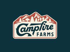 the campfire farms logo is shown on a dark blue background with trees and mountains