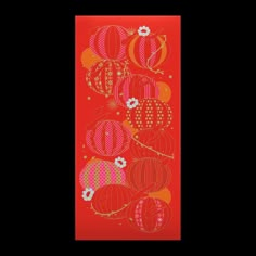 an orange and red wall hanging with chinese lanterns on it's side, in front of a black background