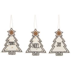 three wooden christmas trees hanging from strings with the words merry, noel and joy written on them