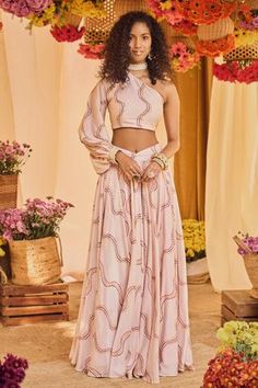 Shop for Punit Balana Pink Satin Silk Bandhani Print Skirt Set for Women Online at Aza Fashions Satin Two Piece Outfit, Blush Pink Skirt, Punit Balana, Bandhani Print, Pink Lehenga, Embellished Blouse, Wedding Lehenga, Indian Fashion Designers, Silk Embroidery