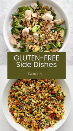 two white bowls filled with different types of food and the words gluten - free side dishes