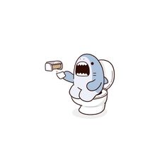 a cartoon shark sitting on top of a toilet with a roll of toilet paper in it's mouth