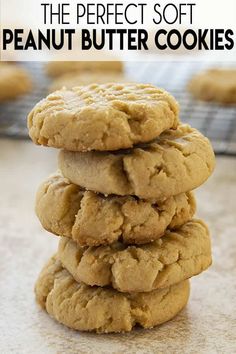 the perfect soft peanut butter cookies are stacked on top of each other