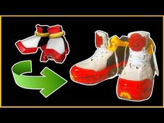 two pairs of shoes are shown with an arrow pointing to the bottom one is red, white and yellow