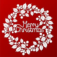 a merry christmas wreath with holly and berries on a red background, cut out from paper