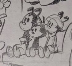 a drawing of two cartoon characters sitting on a bench with their faces close to each other