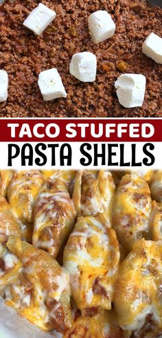 taco stuffed pasta shells with cheese on top and in the background, there is a red sign that says taco stuffed pizza shells