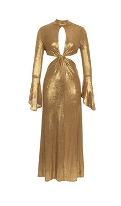 TRUMPET LONG-SLEEVE LOW-CUT CUTOUT GOLD MAXI DRESS Gold Midi Dress, Gold Maxi Dress, Maxi Design, A Line Maxi Dress, Princess Sleeves, Trumpet Sleeve, Split Maxi Dress, Ruffle Long Sleeve, Long Sleeve Maxi