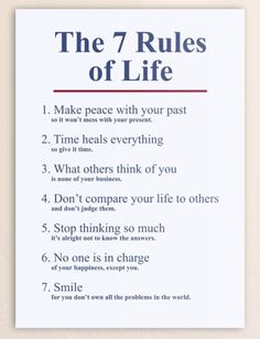 the 7 rules of life on a white paper with blue lettering and red border around it