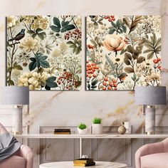 two floral paintings on the wall in a living room