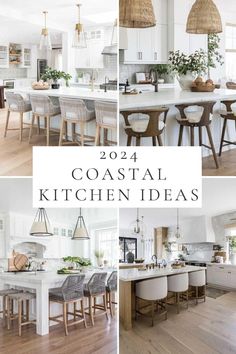 coastal kitchen ideas with white cabinets and wood flooring in the center is an island table,