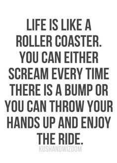 a black and white photo with the words life is like a roller coaster you can either scream every time there is a bump or you can throw your hands up and enjoy the ride