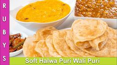 this is an image of soft halwa puri with currys and other foods