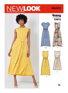 a woman in a yellow dress is standing next to the sewing pattern for new look