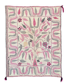 an embroidered wall hanging with birds, flowers and leaves in pinks and greys