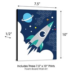 the space rocket wall art is shown with measurements