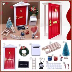 christmas decorations and gifts are displayed in front of a red door