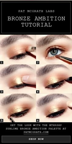 Bronze smokey eye makeup tutorial created using the NEW Spring 2018 Eyeshadow Palette: Pat McGrath Labs MTHRSHP SUBLIME BRONZE AMBITION. 1. Pack COPPERIZED pigment onto lid 2. Apply COPPERIZED pigment to lower lash line. 3. Swipe GOLD RUSH pigment onto lid 4. Define lash line using PermaGel Ultra Glide Pencil in BLITZ BROWN. 5. Highlight inner corner with GILT TRIP pigment 6. Highlight brow bone with GILT TRIP pigment | Click to shop BRONZE AMBITION #makeuptutorial #PMGHowTo Bronze Smokey Eye Makeup, Eye Makeup Glitter, Bronze Smokey Eye, Trendy Eyeshadow, Beautiful Eyeshadow, Make Up Tutorials, Bronze Makeup, Smokey Eye Makeup Tutorial, How To Apply Eyeliner