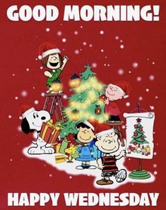 a charlie brown christmas card with snoop, charlie and friends around the tree on it