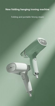 a white hair dryer sitting on top of a green wall with the words new folding ironing machine