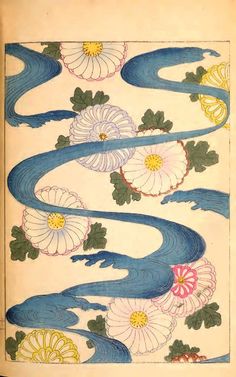 an old book with water and flowers on it's cover, in the style of japanese painting